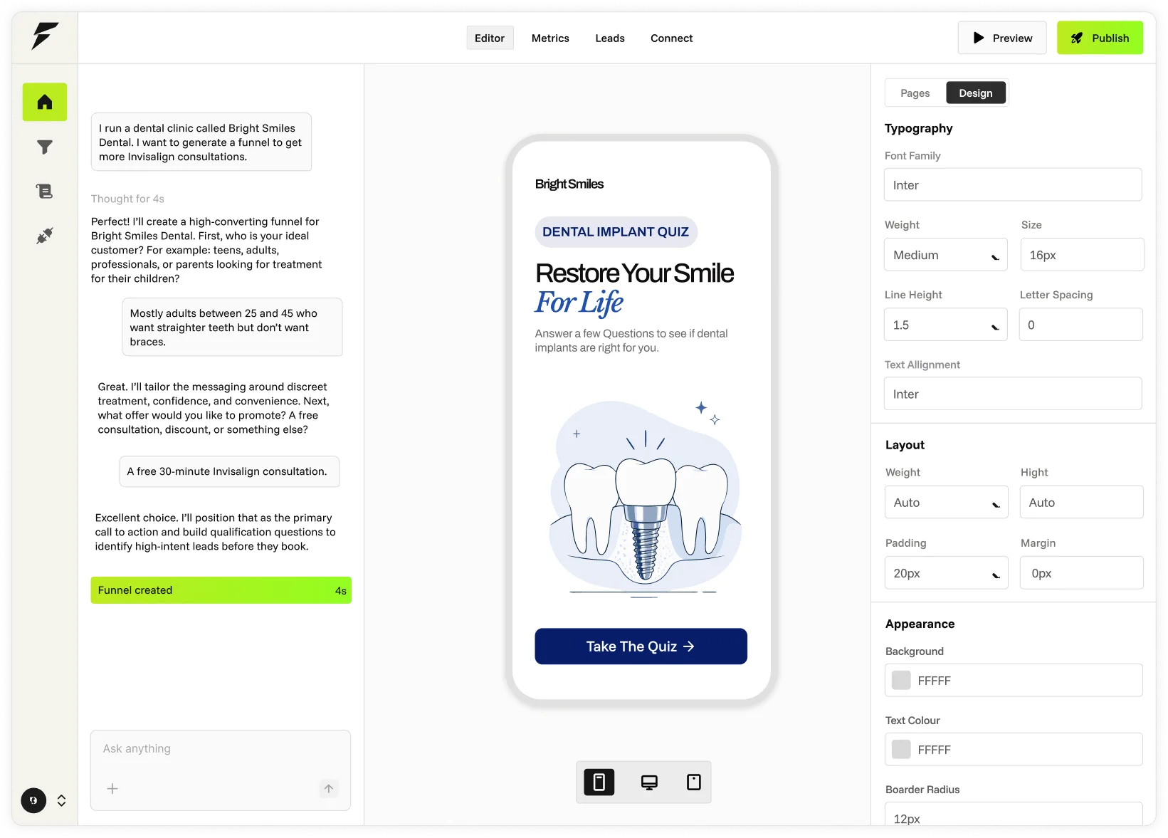 FunnelMaxxing: describing a Bright Smiles Dental Invisalign offer in chat and getting a finished quiz funnel back in four seconds, with a live phone preview and design controls alongside