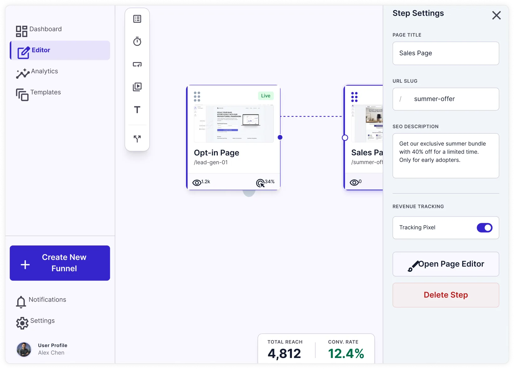 A conventional funnel builder: pages wired together on a drag-and-drop canvas, with a side panel for hand-editing each step's title, URL slug, SEO description and tracking pixel